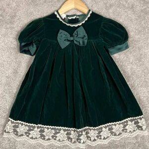 Jo Lene Girls Green Velvet Lace Trim Bow Holiday Party Dress Size 4 Made in USA